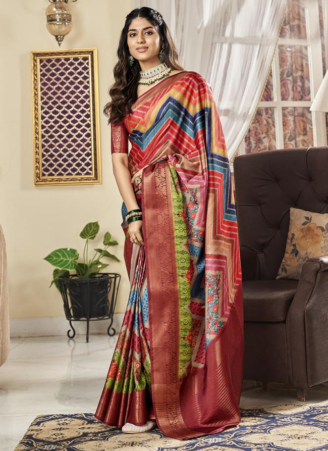 Multi Color Pure Satin Tradional Wear Digital Printed Saree