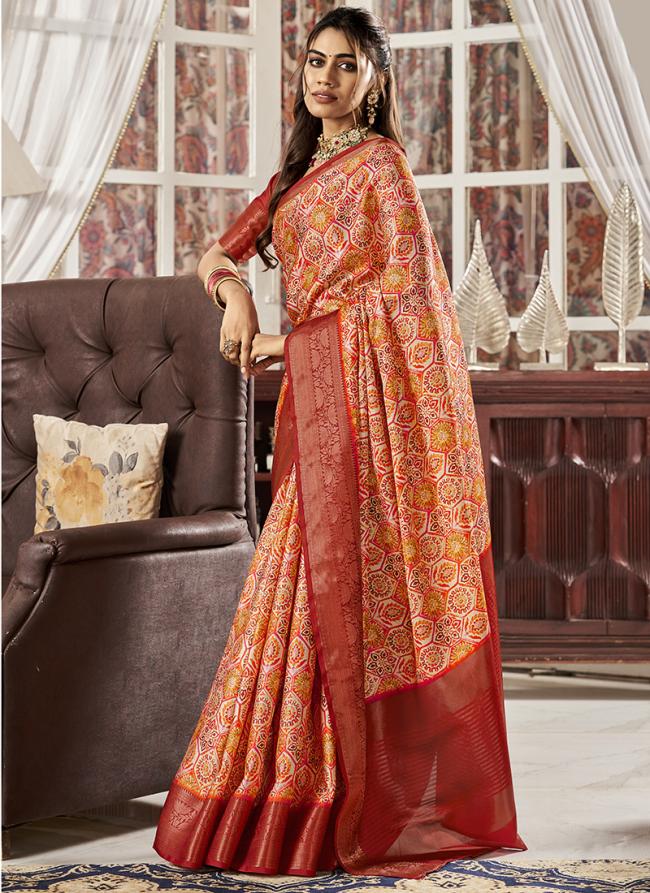 Orange Pure Satin Tradional Wear Digital Printed Saree