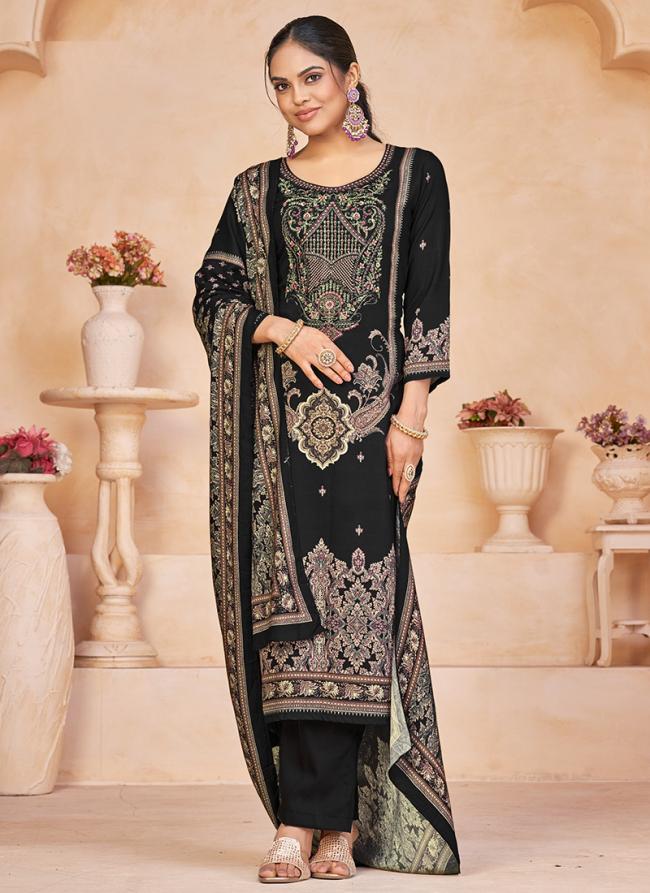 Black Pashmina Tradional Wear Embroidery Work Straight Suit
