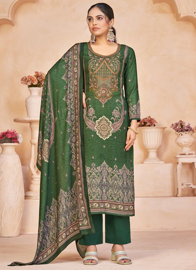 Green Pashmina Tradional Wear Embroidery Work Straight Suit