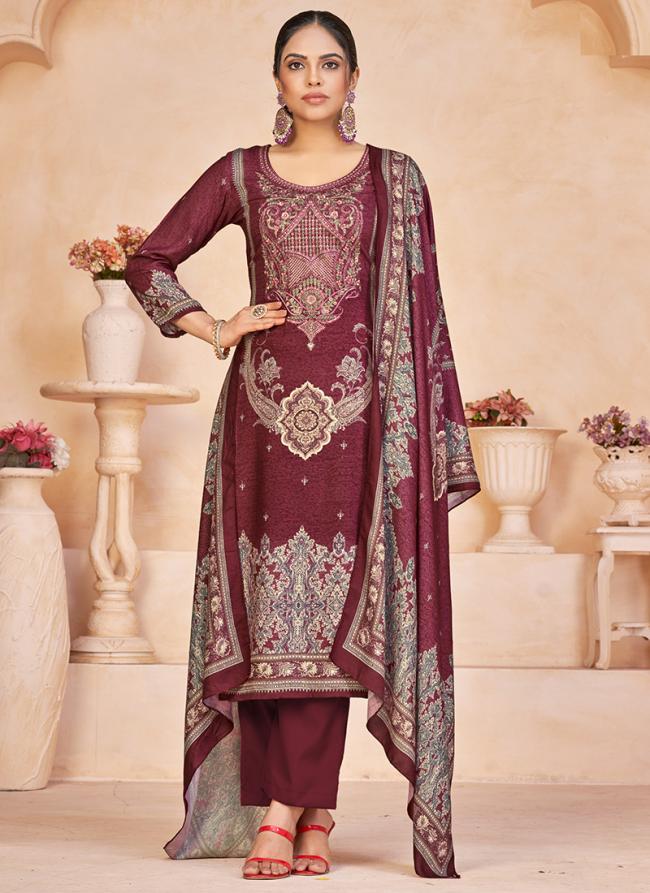 Maroon Pashmina Tradional Wear Embroidery Work Straight Suit