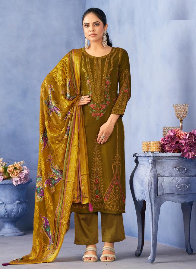 Mustard Pashmina Festival Wear Embroidery Work Straight Suit