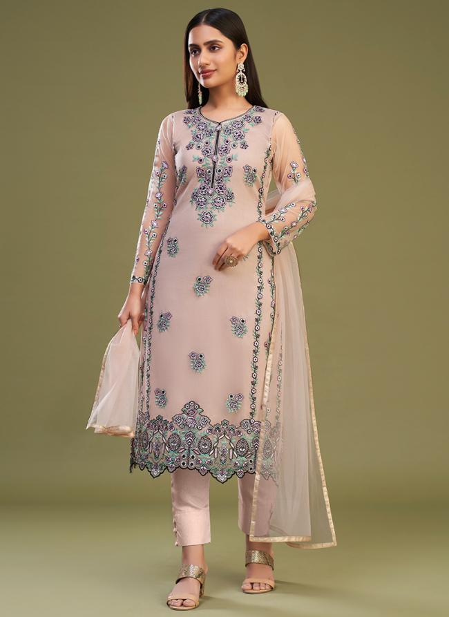 Peach Net Party Wear Embroidery Work Straight Suit