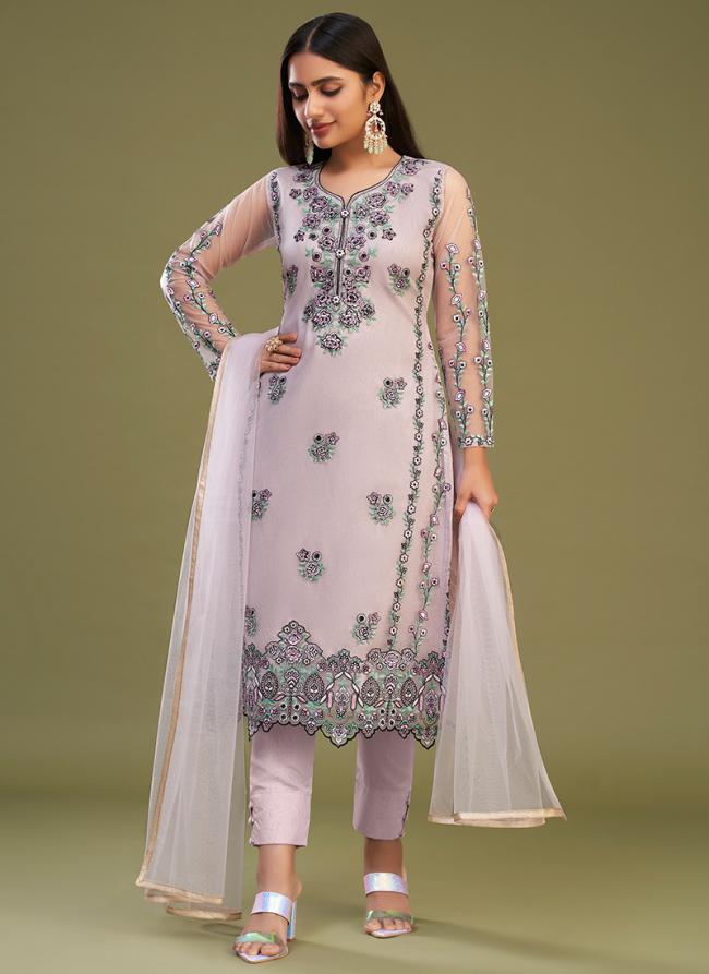 Pink Net Party Wear Embroidery Work Straight Suit
