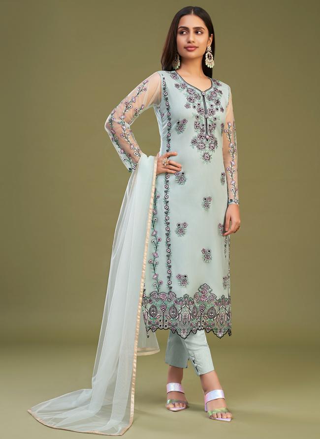 Pista Green Net Party Wear Embroidery Work Straight Suit