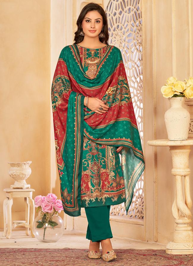 Green Pashmina Casual Wear Embroidery Work Straight Suit