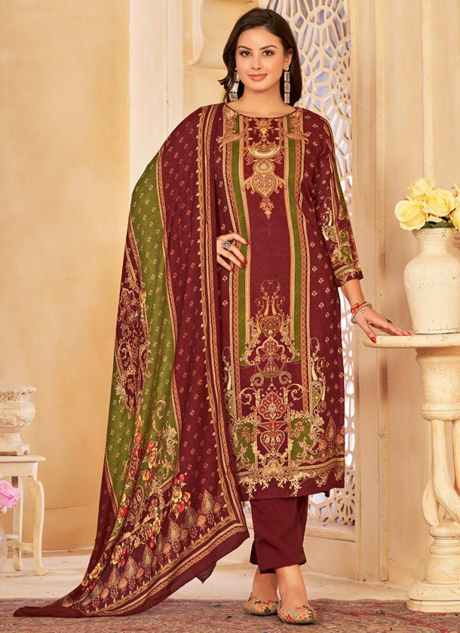 Maroon Pashmina Casual Wear Embroidery Work Straight Suit