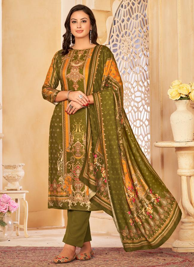 Olive Green Pashmina Casual Wear Embroidery Work Straight Suit