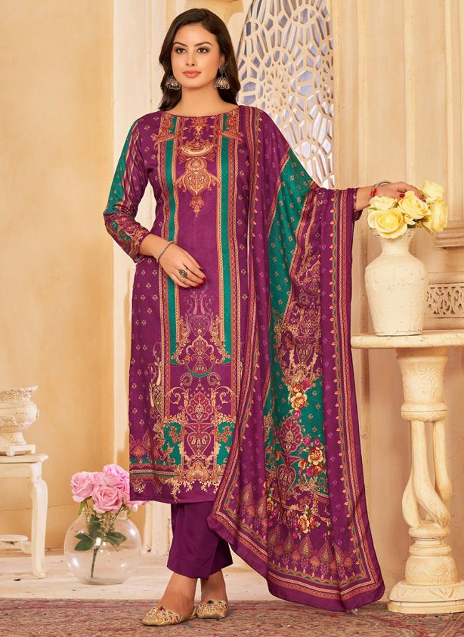 Purple Pashmina Casual Wear Embroidery Work Straight Suit