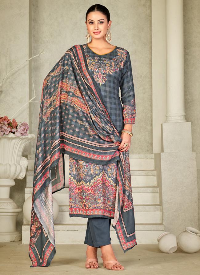Blue Pashmina Winter Wear Printed Straight Suit
