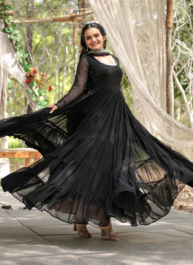 Black Blooming Georgette Festival Wear Zari Work Gown With Dupatta