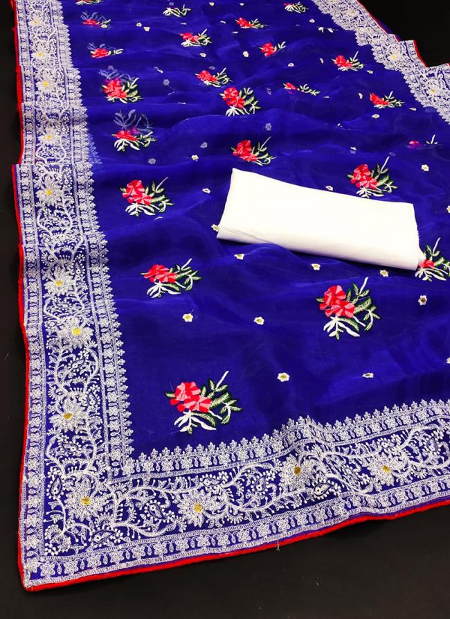 Blue Organza Festival Wear Thread Work Saree