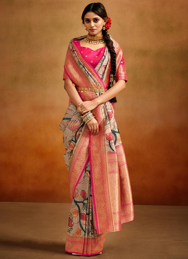 Beige Tussar Silk Tradional Wear Printed Saree