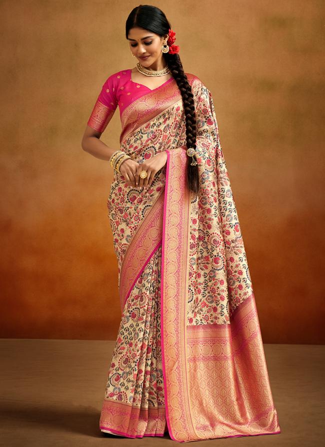 Beige Tussar Silk Tradional Wear Printed Saree