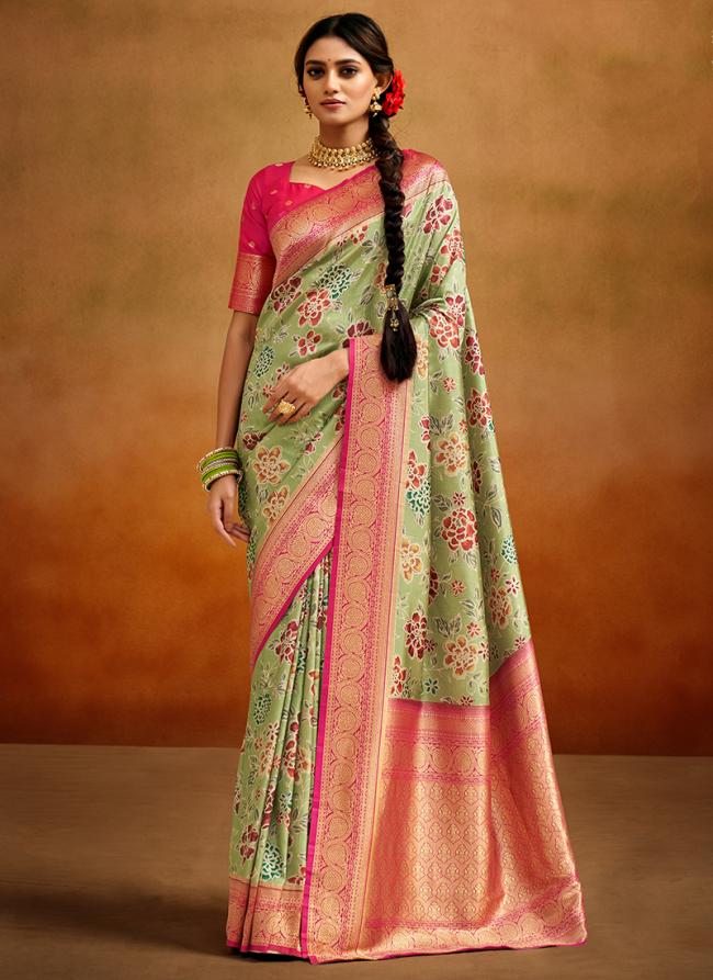 Light Green Tussar Silk Tradional Wear Printed Saree