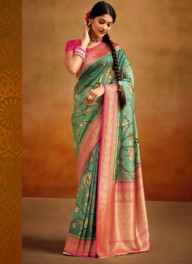 Teal Tussar Silk Tradional Wear Printed Saree