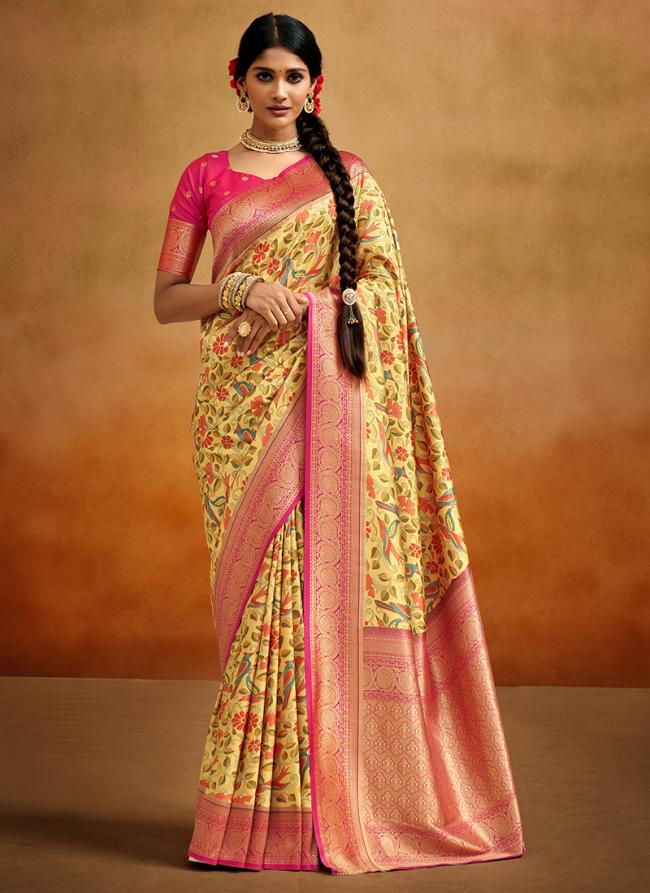 Yellow Tussar Silk Tradional Wear Printed Saree