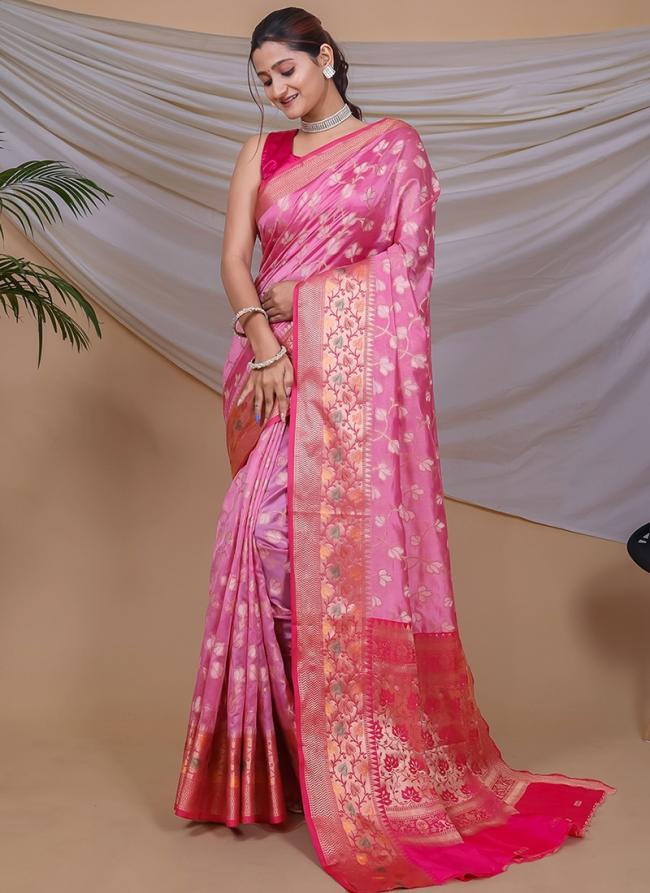 Pink Organza Tradional Wear Weaving Saree