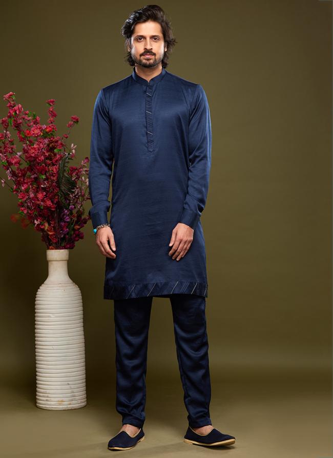 Blue Art Banarasi Silk Tradional Wear Thread Work Kurta Pajama