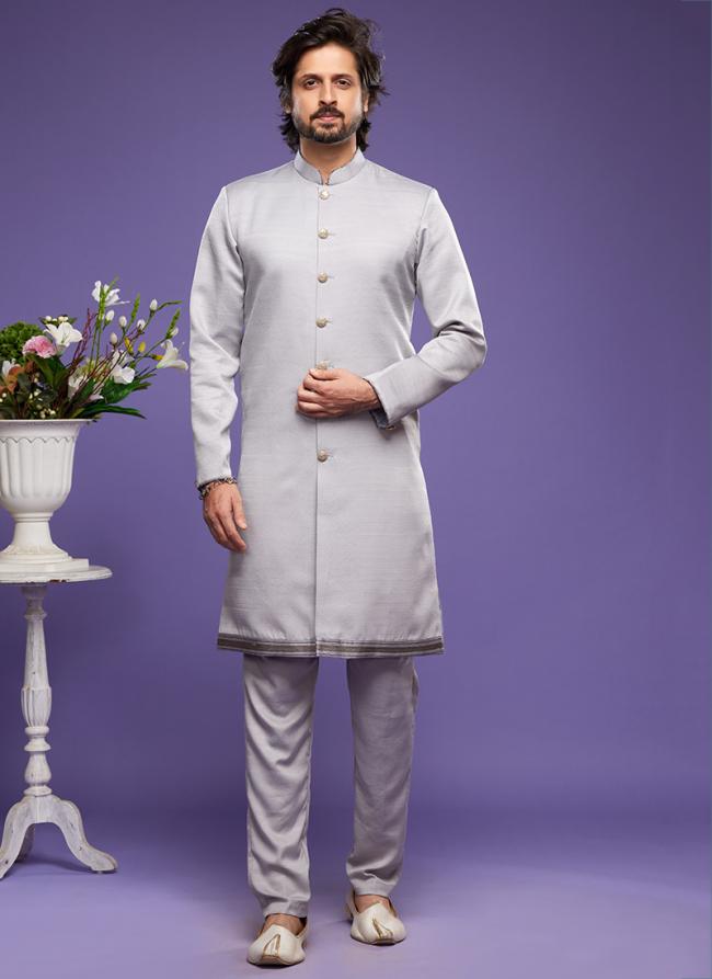 Grey Art Banarasi Silk Tradional Wear Thread Work Kurta Pajama