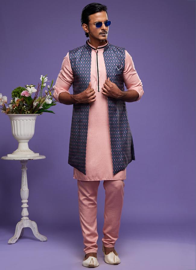 Blue Art Banarasi Silk Festival Wear Digital Printed Kurta Pajama With Jacket