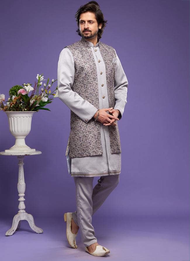 Grey Art Banarasi Silk Festival Wear Digital Printed Kurta Pajama With Jacket