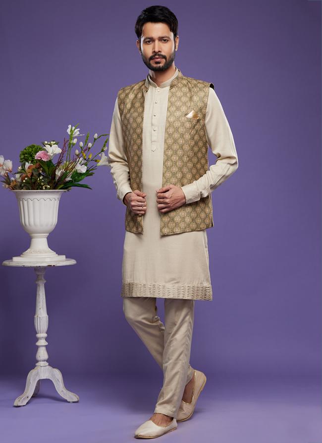 Beige Art Banarasi Silk Festival Wear Digital Printed Kurta Pajama With Jacket