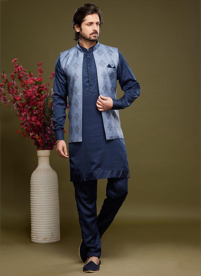 Blue Art Banarasi Silk Festival Wear Digital Printed Kurta Pajama With Jacket