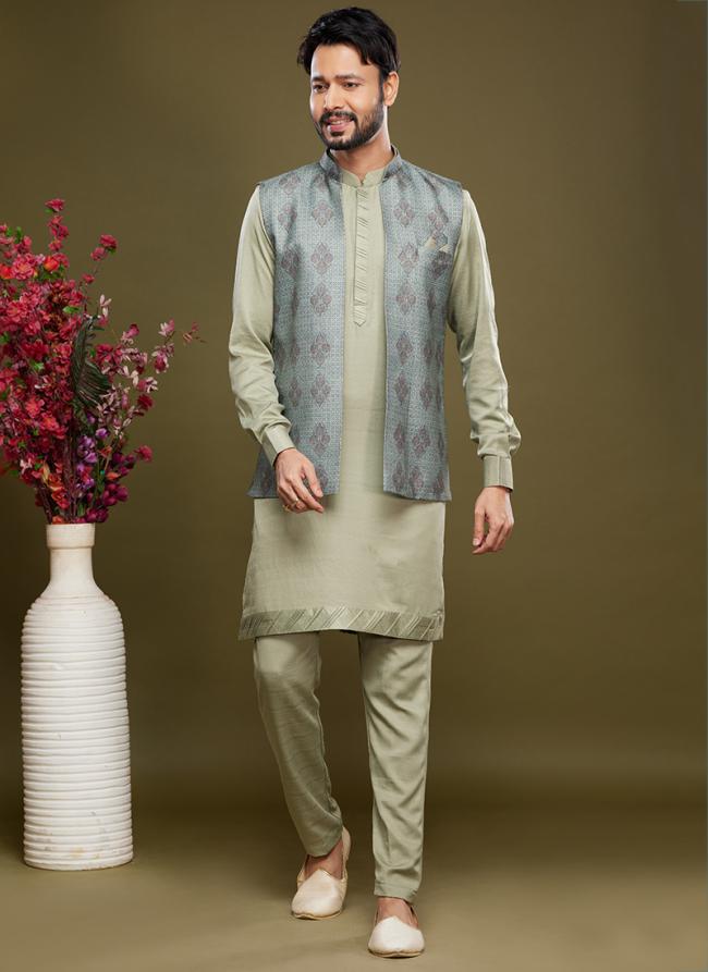 Green Art Banarasi Silk Festival Wear Digital Printed Kurta Pajama With Jacket