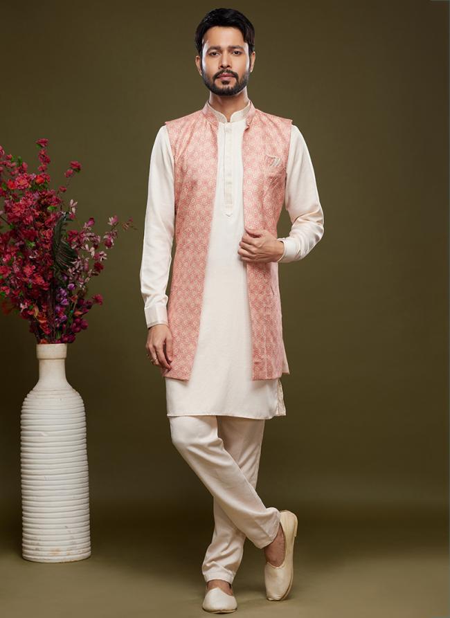Pink Art Banarasi Silk Festival Wear Digital Printed Kurta Pajama With Jacket