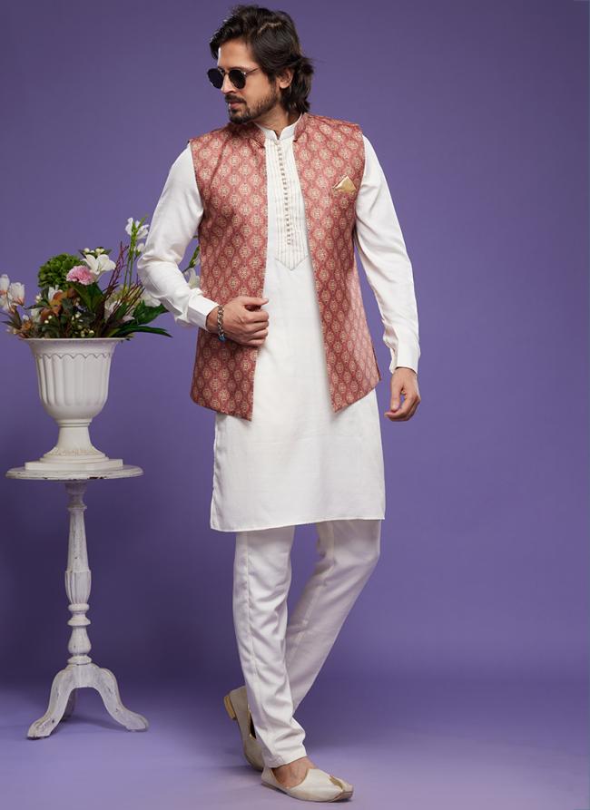 Pink Art Banarasi Silk Festival Wear Digital Printed Kurta Pajama With Jacket