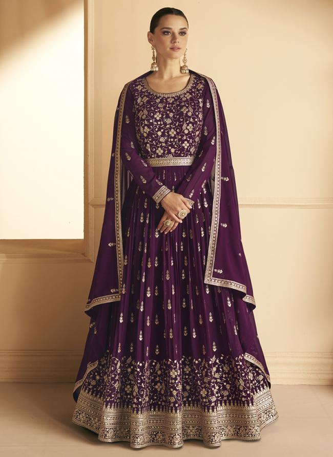 Wine Vichitra Silk Wedding Wear Embroidery Work Gown With Dupatta