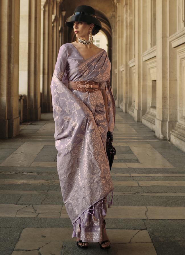 Lilac Silk Festival Wear Zari Weaving Saree