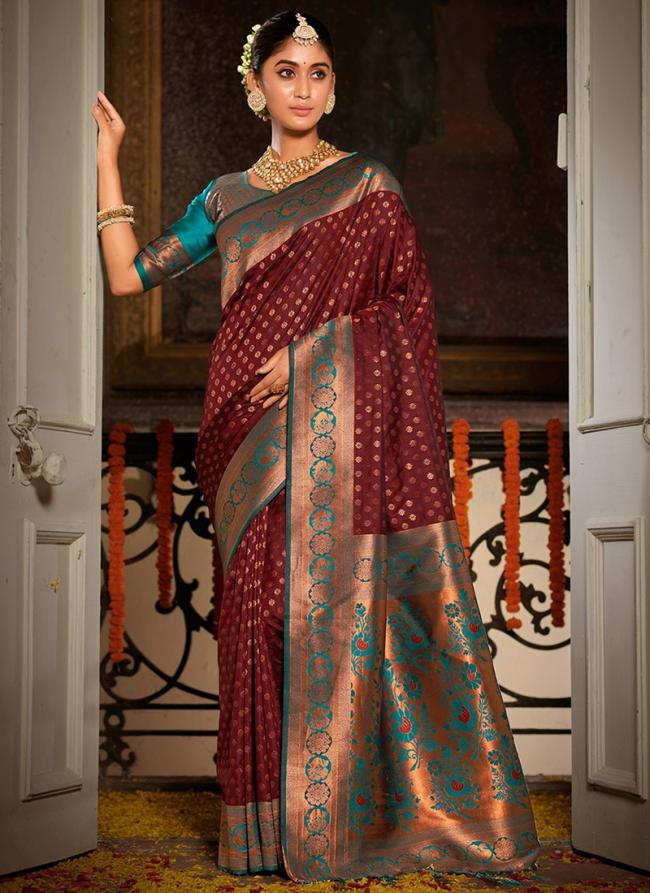Maroon Banarasi Silk Party Wear Weaving Saree