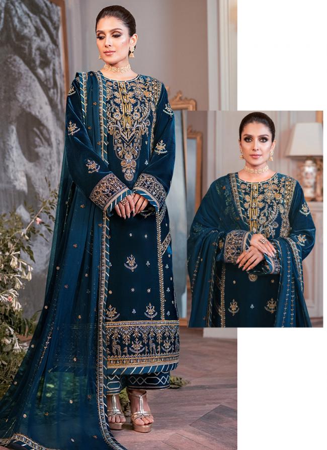 Blue Velvet Wedding Wear Embroidery Work Pakistani Suit