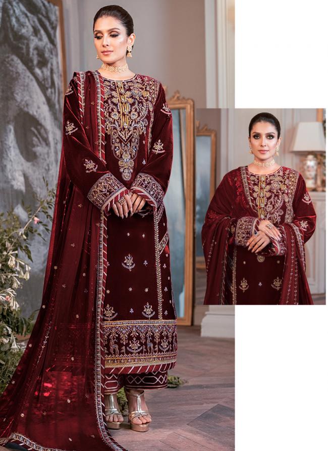 Maroon Velvet Wedding Wear Embroidery Work Pakistani Suit