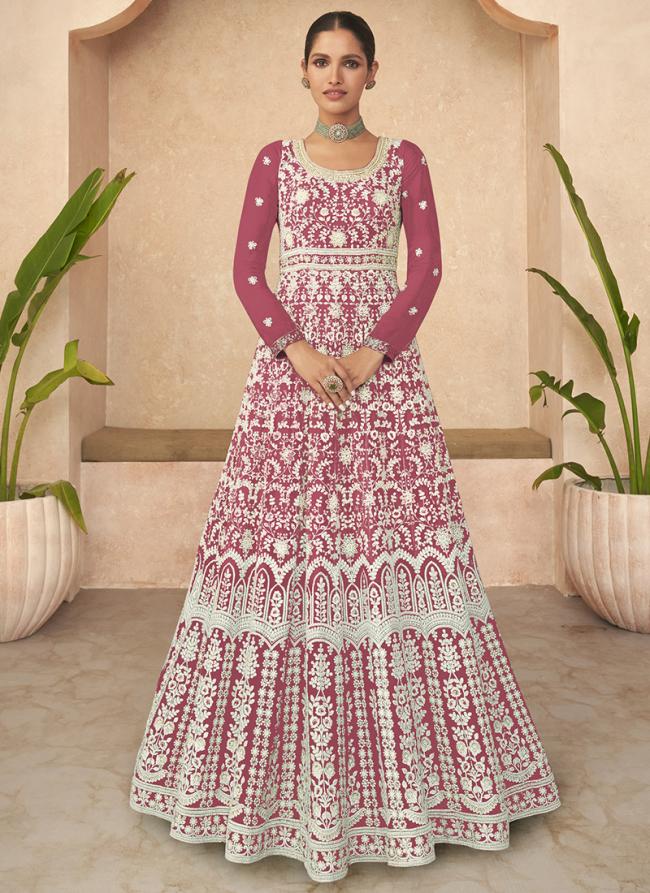 Dark Pink Faux Georgette Wedding Wear Thread Work Anarkali Suit