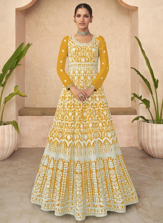 Yellow Faux Georgette Wedding Wear Thread Work Anarkali Suit