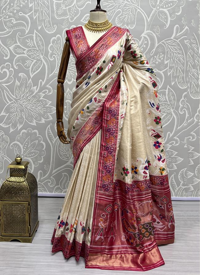 Cream Patola Silk Wedding Wear Zari Work Saree