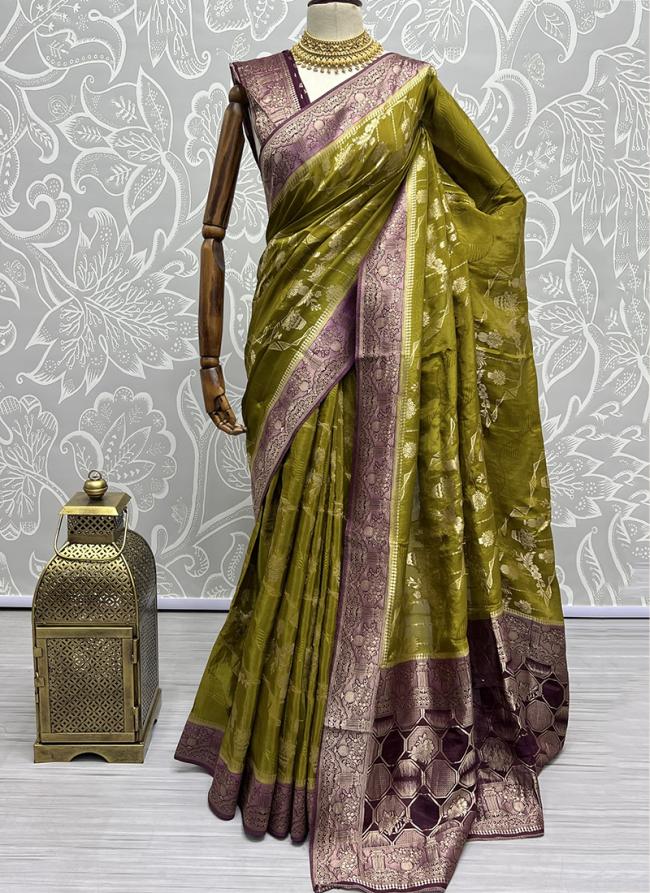 Green Paper Silk Wedding Wear Zari Work Saree