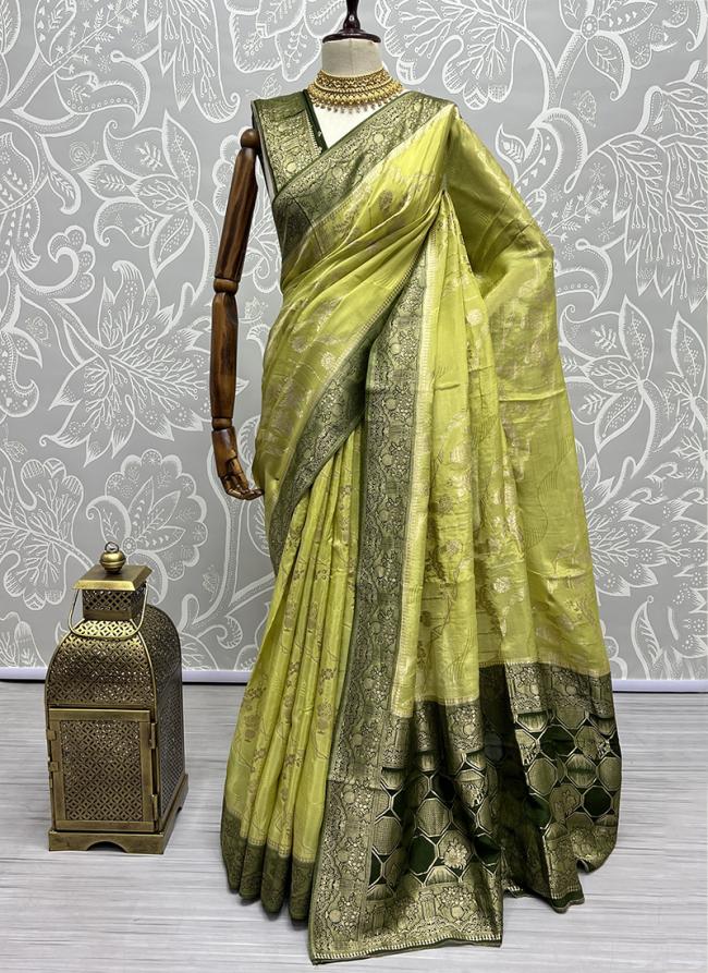 Light Green Paper Silk Wedding Wear Zari Work Saree