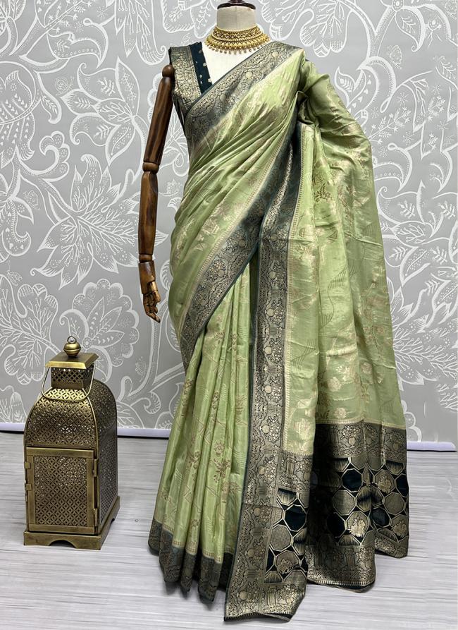 Pista Green Paper Silk Wedding Wear Zari Work Saree