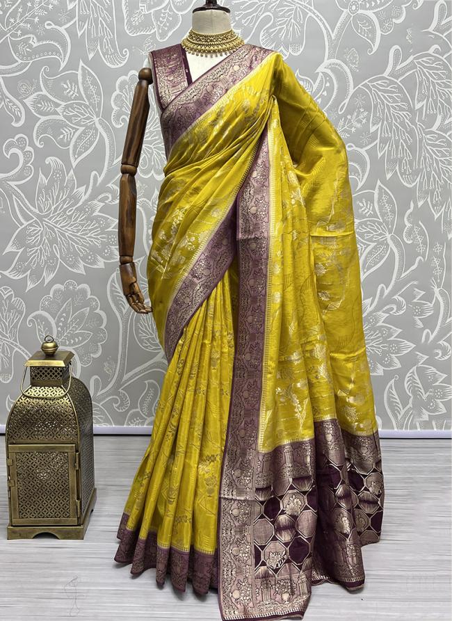 Yellow Paper Silk Wedding Wear Zari Work Saree