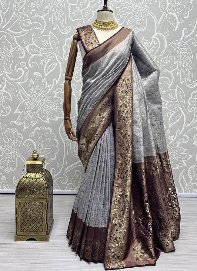 Grey Silk Wedding Wear kanjivaram Saree