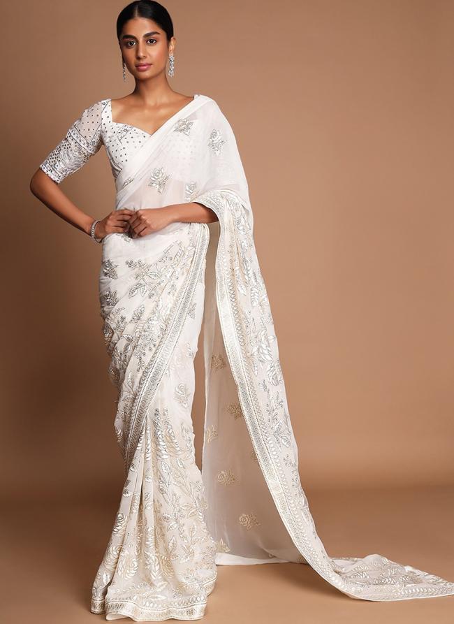 White Georgette Party Wear Embroidery Work Saree