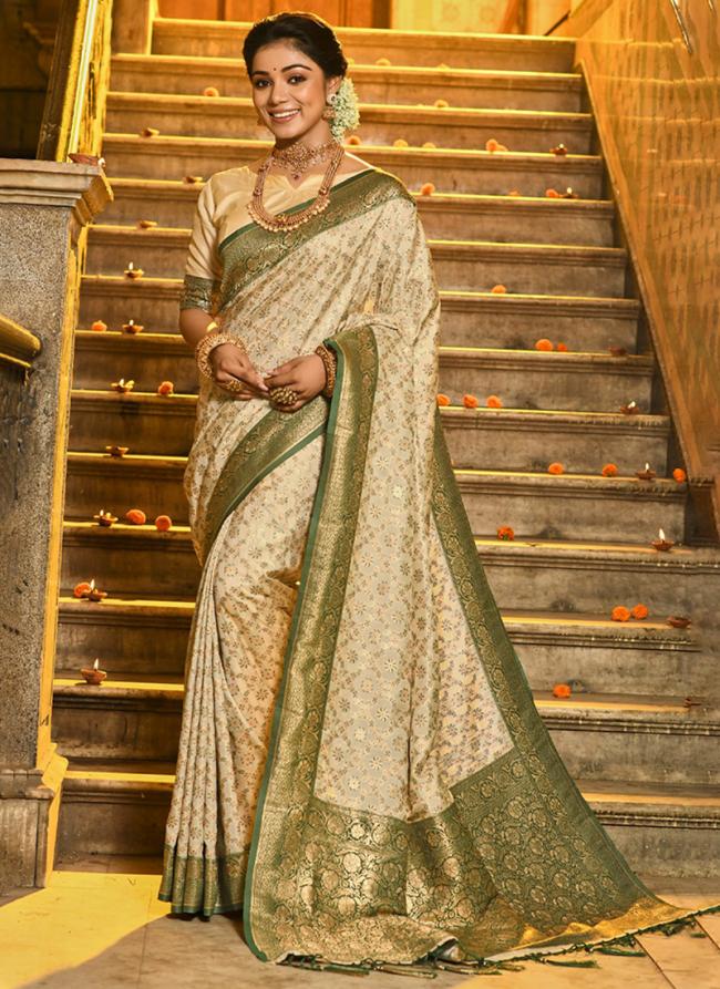 Olive Green Banarasi Silk Festival Wear Weaving Saree