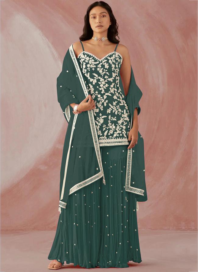 Green Faux Georgette Party Wear Embroidery Work Sharara Suit