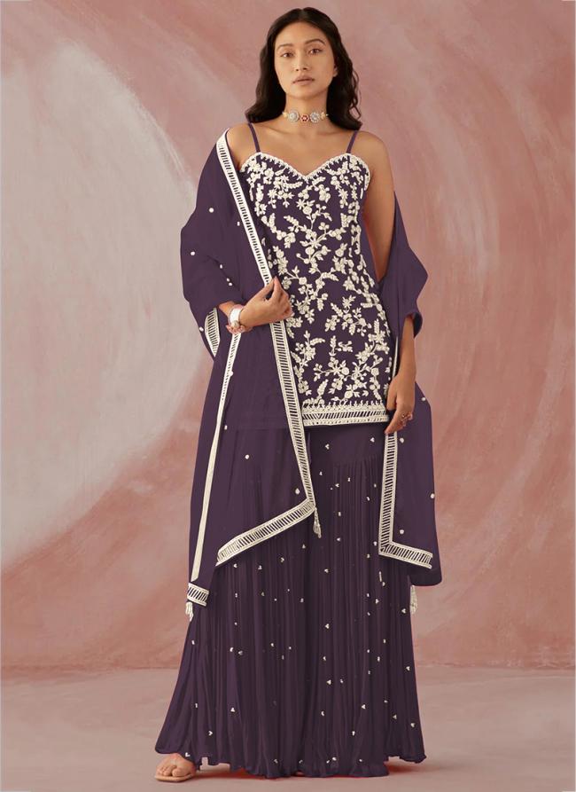 Purple Faux Georgette Party Wear Embroidery Work Sharara Suit