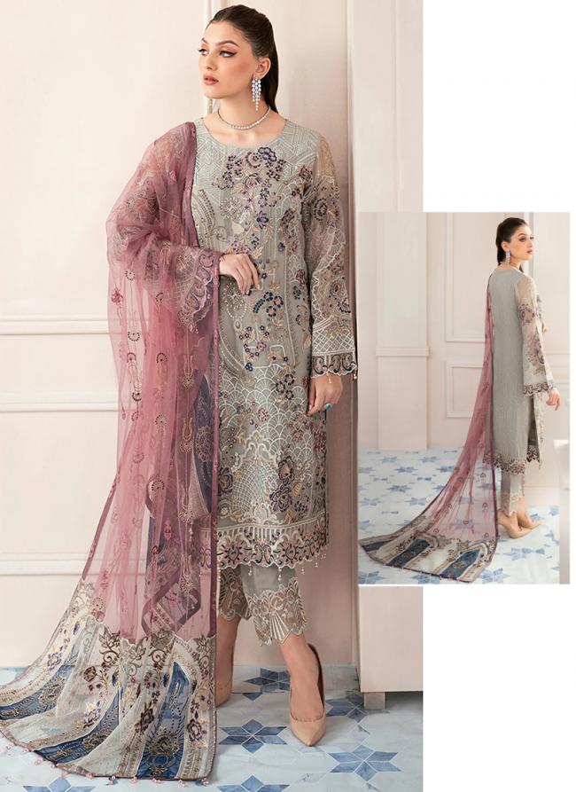 Grey Faux Georgette Wedding Wear Embroidery Work Pakistani Suit
