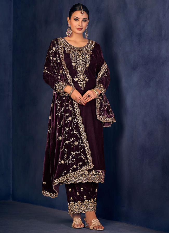 Wine Velvet Party Wear Embroidery Work Salwar Suit